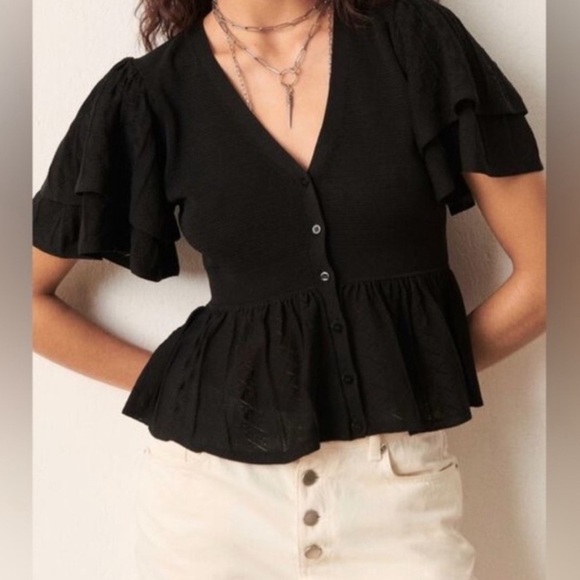 Ba&sh Acacio Pointelle Cardigan Blouse | Black | Size Medium | NWOT - Picture 6 of 14